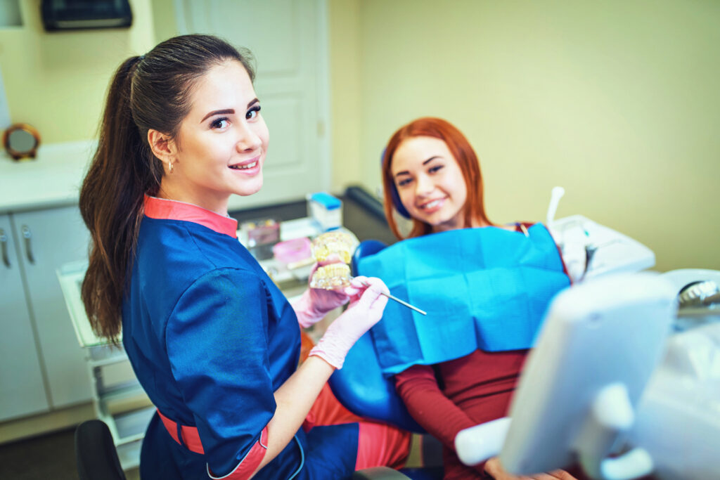 Dentist examining a patient's teeth in the dentist.